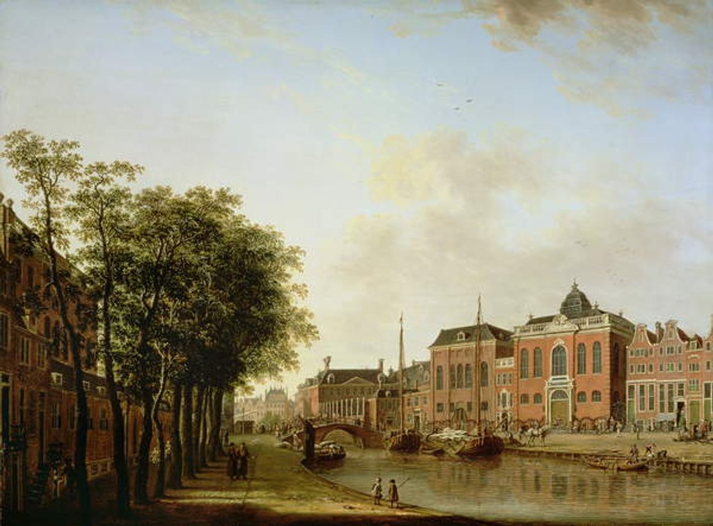 Detail of The Houtegracht, now the Jonas Daniel Meijerplein, Amsterdam, with the Ashkenazi Synagogues, the Arsenal, the Portuguese Synagogue and Sailing Barges by Jan Ten Compe