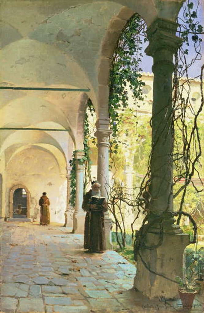 Detail of In the Cloisters of Santa Maria Jesus Monastery, in Taormina, 1885 by Peder Monsted