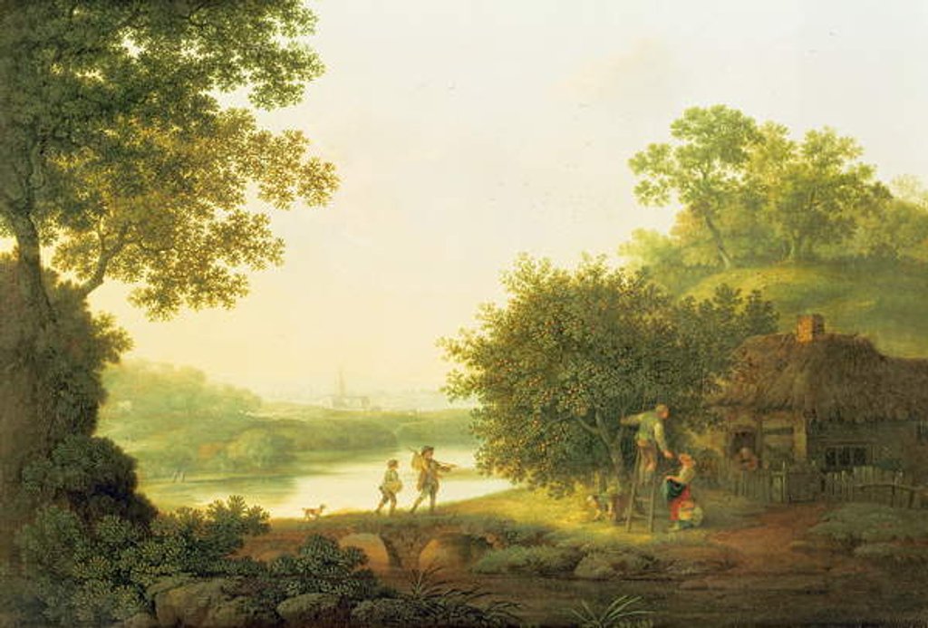 Detail of Applepickers, by a Cottage In A Wooded Landscape with Chichester Beyond by George of Chichester Smith