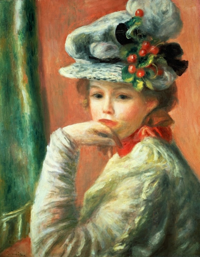Detail of Young Girl in a White Hat by Pierre Auguste Renoir