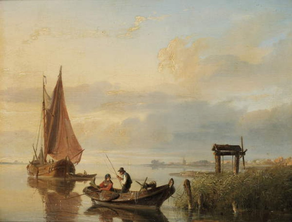 Detail of Fishing vessels at sunset by Cornelius Springer