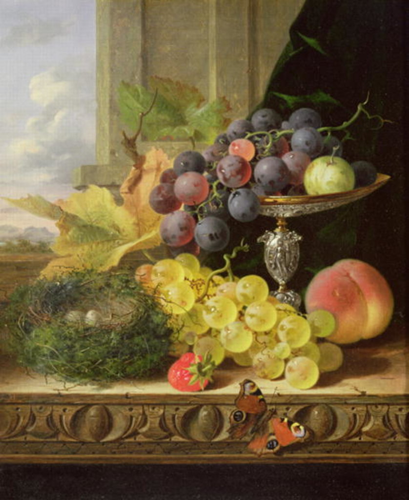 Detail of Still life of fruit, a tazza and a bird's nest by Edward Ladell
