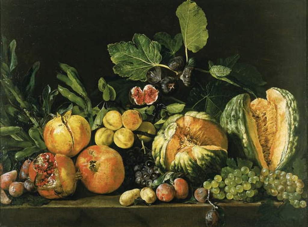 Detail of Pomegranates, melons, grapes, peaches, figs and other fruits on a stone ledge by Master of the Acquavella Still Life