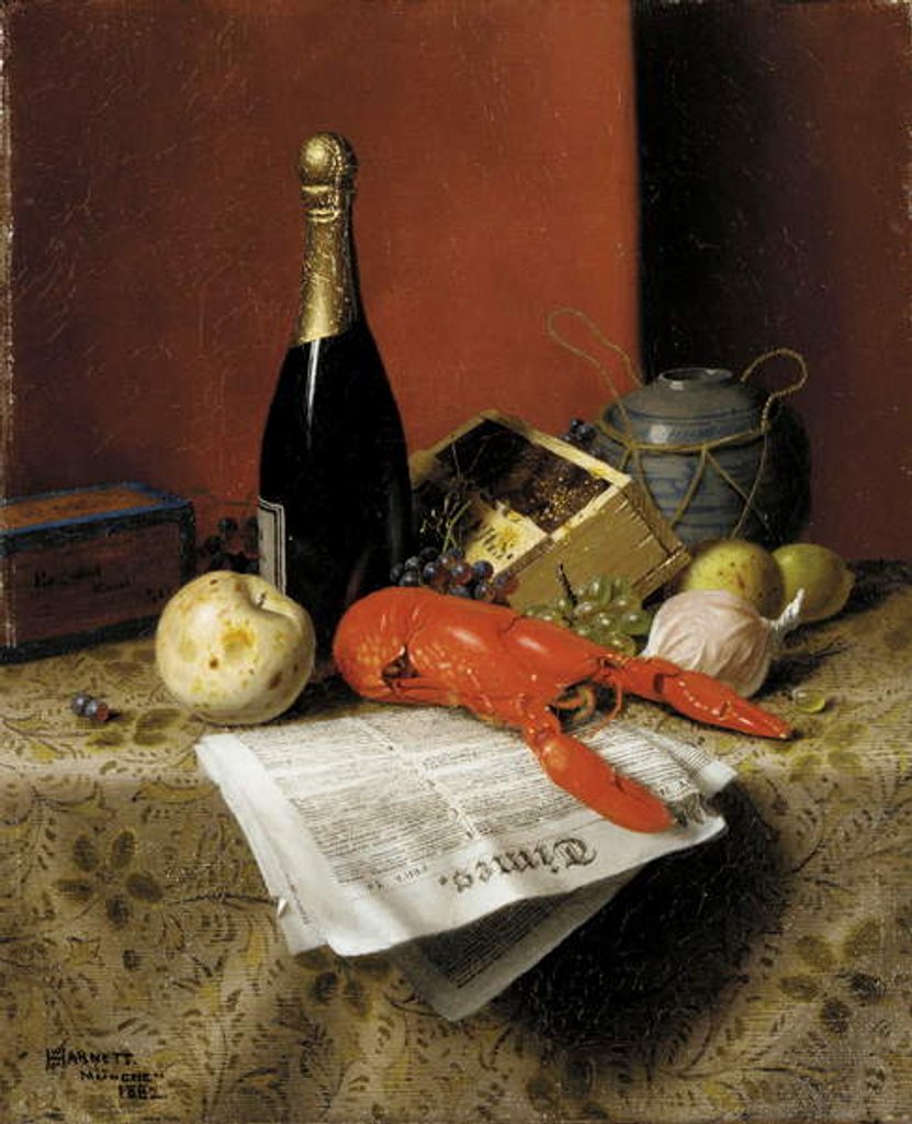 Detail of Still Life with Lobster, Fruit, Champagne and Newspaper, 1882 by William Michael Harnett