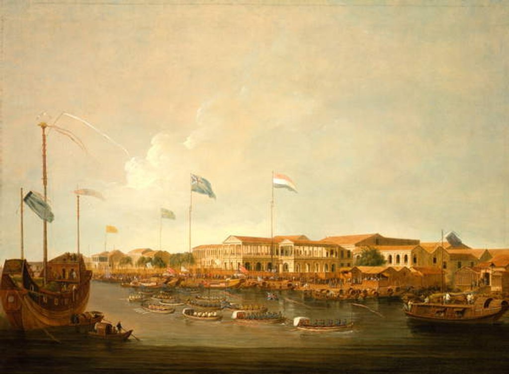 Detail of The Hongs at Canton from the south east, with a regatta on the Pearl river by Thomas Daniell