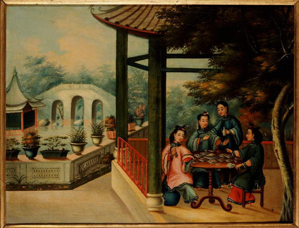 Detail of A Chinese Garden Scene with Ladies Taking Tea, mid 19th century by School Chinese