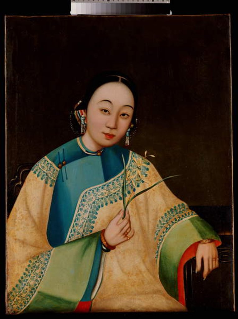 Detail of Portrait of a Court Lady, Seated Half Length in an Embroidered Robe, Holding a Flower, mid 19th century by School Chinese