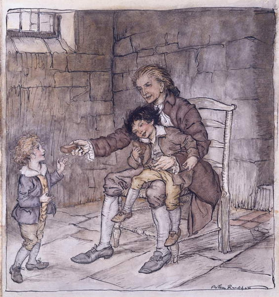 Detail of Sir William Thornhill recognised by Bill and Dick: 'So-saying, he gave each a large piece of gingerbread' by Arthur Rackham