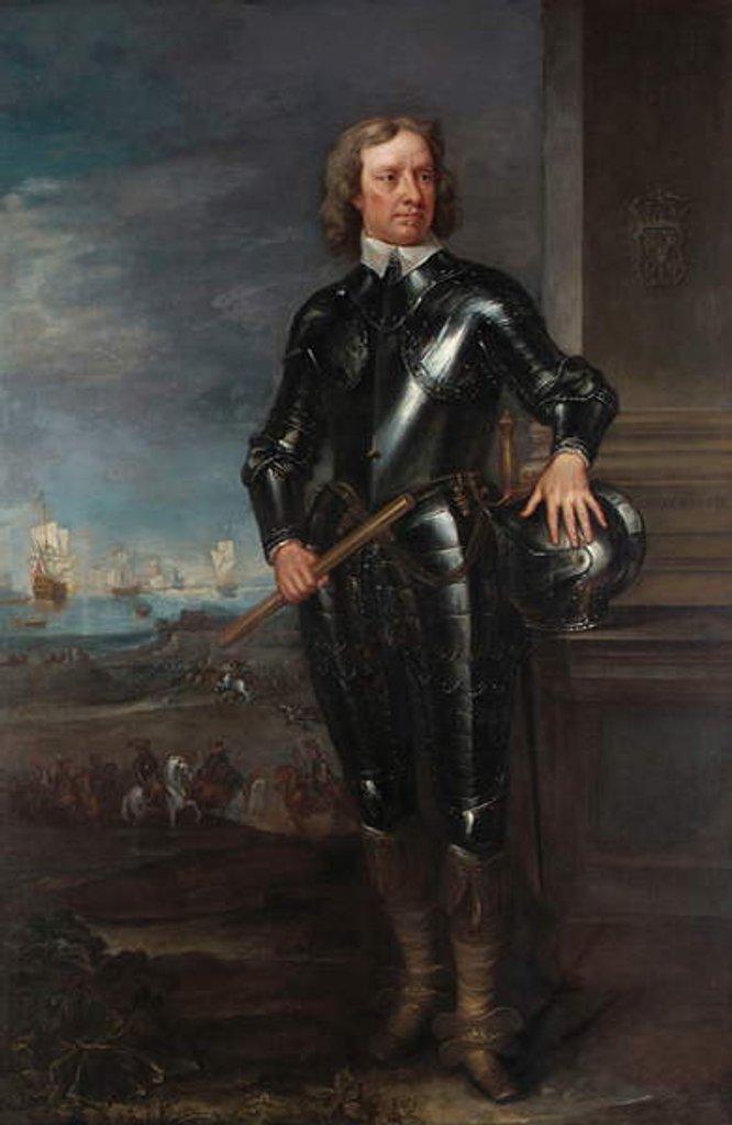Detail of Portrait of Oliver Cromwell in Armour, a Seascape and Battle Beyond, late 1650s by English School