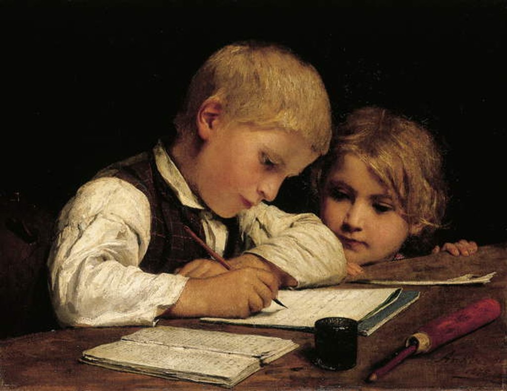 Detail of A Boy Writing; Schreibender Knabe Mit Schwesterchen, 1875 by Albert Anker