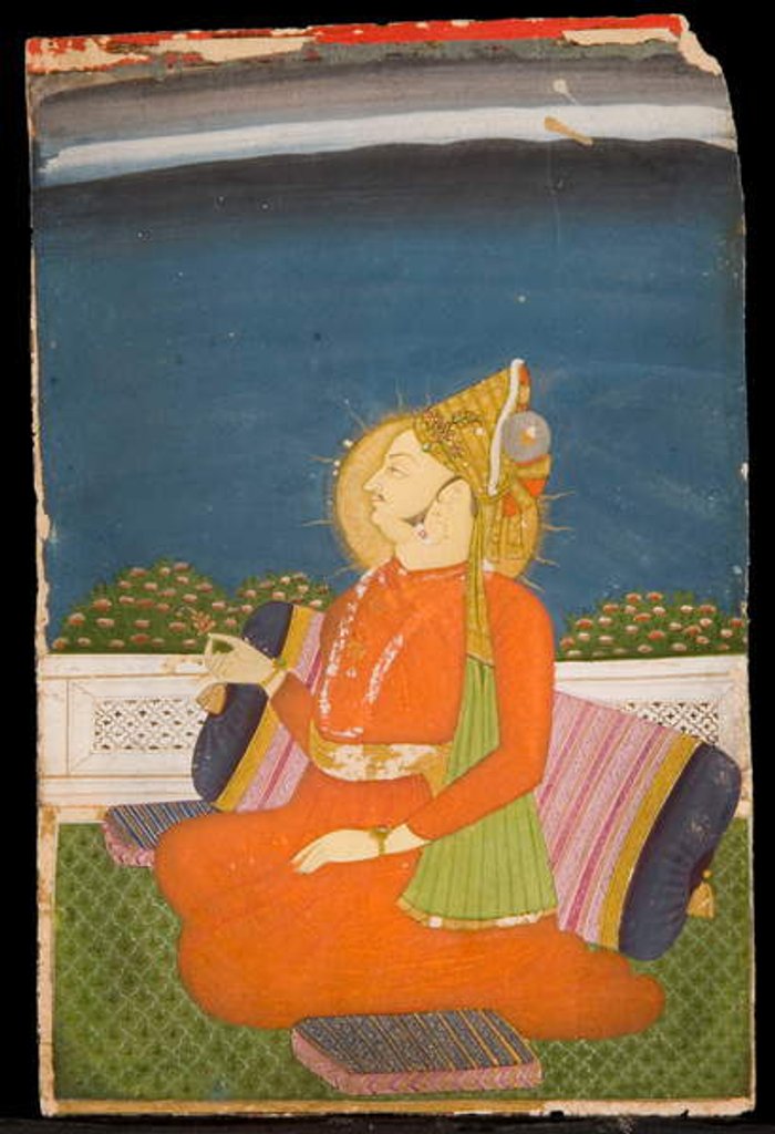 Detail of A Bejeweled Dignitary, Wearing a Plumed Turban, Holding a Lotus Bud, Sitting on a Terrace by Indian School