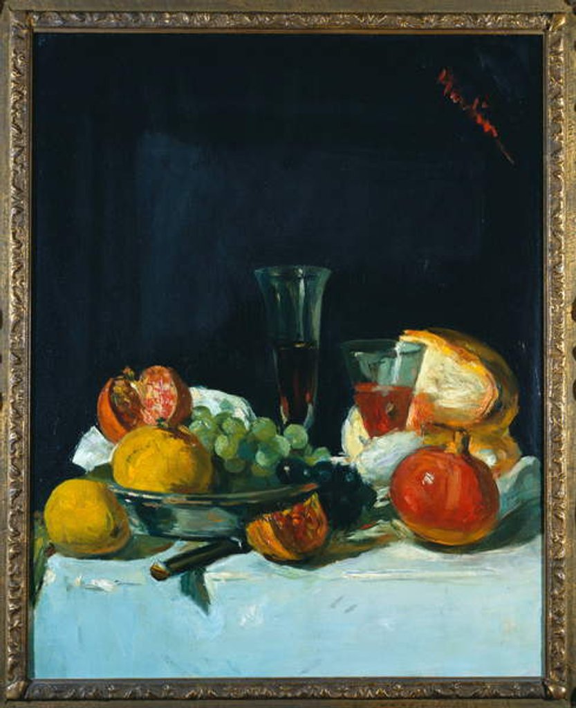 Detail of Grapes, Lemons and Pomegranates with White Wine Glasses and Loaf of Bread by George Leslie Hunter