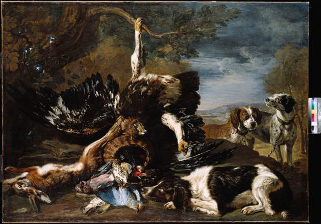 Detail of A Spaniel, an Eagle, a Hare and a Wicker Basket with a Jay, Finches and other Birds Overlooked by two Hounds, a Mountainous Landscape Beyond by David de Coninck