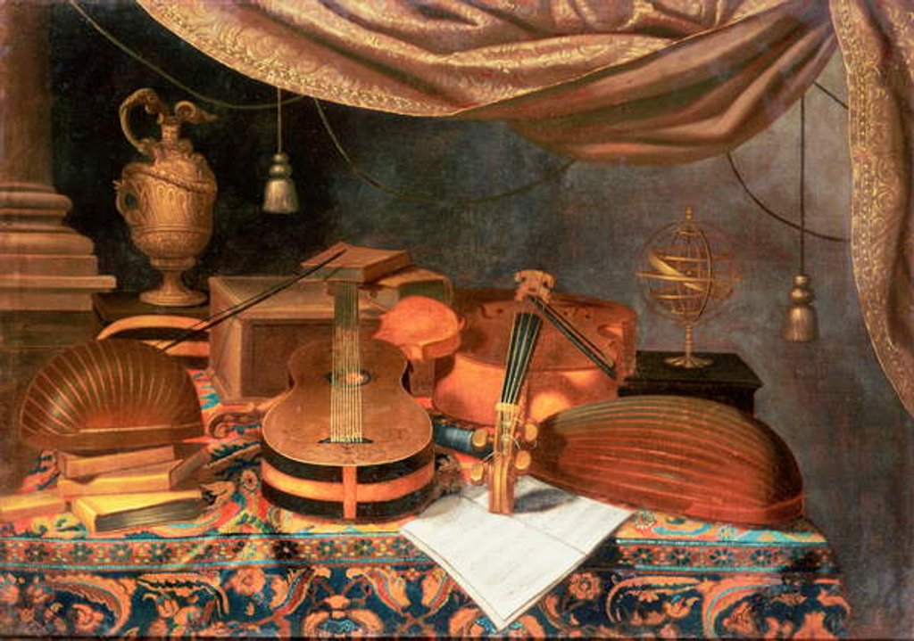 Detail of A Guitar, a Cello, Lutes, a Musical Score and other Books, a Gilt Ewer and an Armillary Sphere on a Draped Table, a Column Beyond and a Curtain Above by Evaristo Baschenis