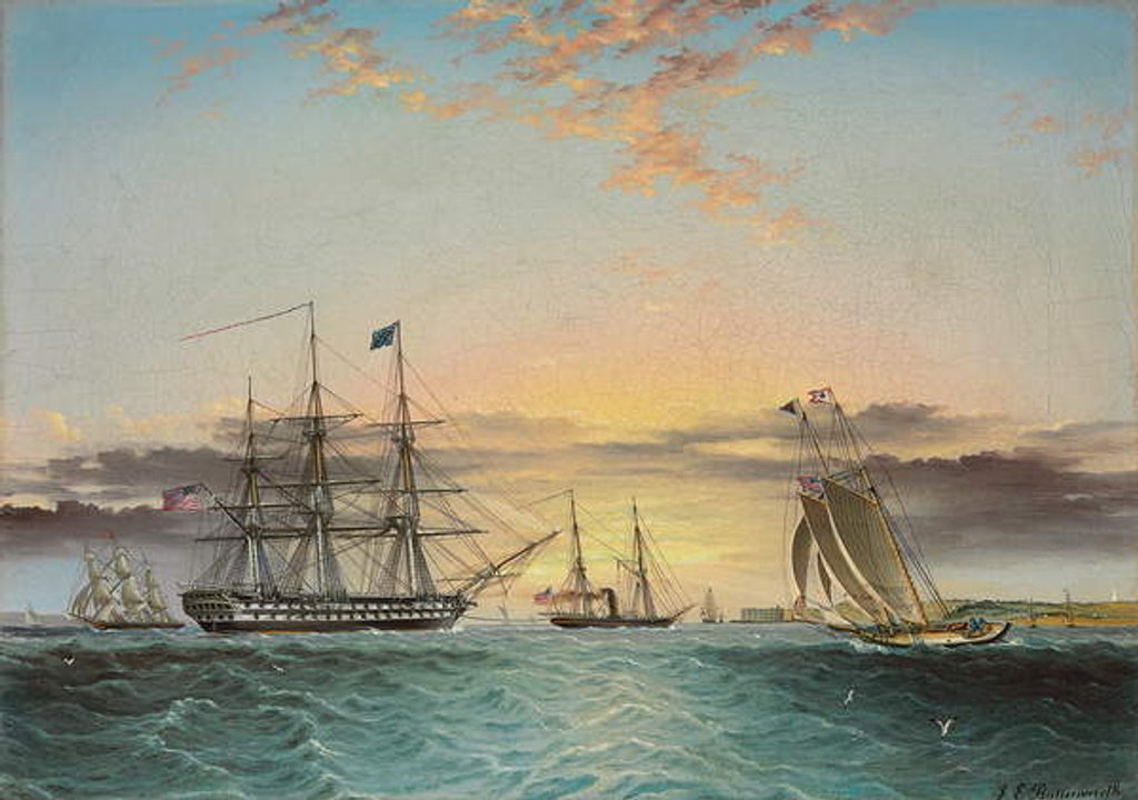 Detail of The U.S.S. Ohio Under Tow in the Lower Bay, New York with a View of Fort Hamilton by James E. Buttersworth