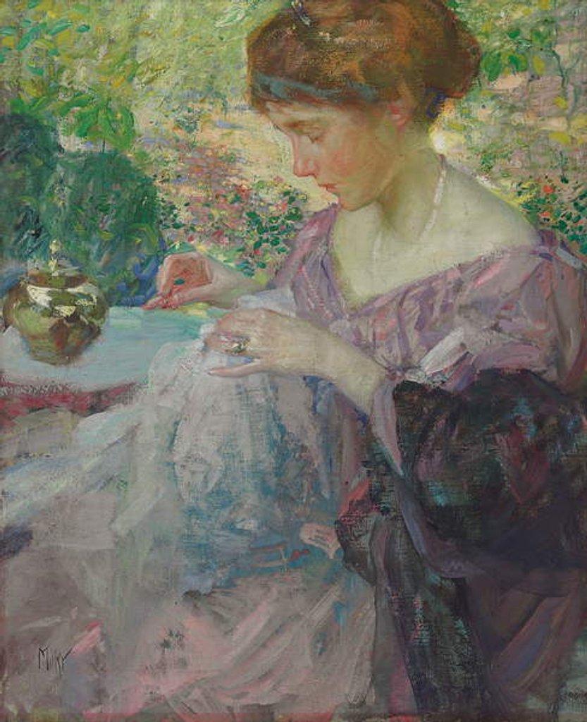 Detail of Young Woman Sewing by Richard Emil Miller