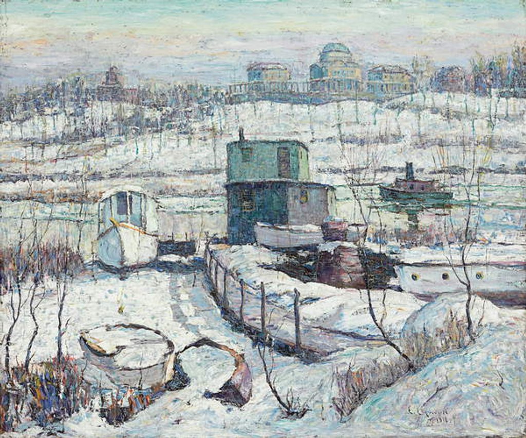Detail of Boathouse, Winter, Harlem River, 1918 by Ernest Lawson