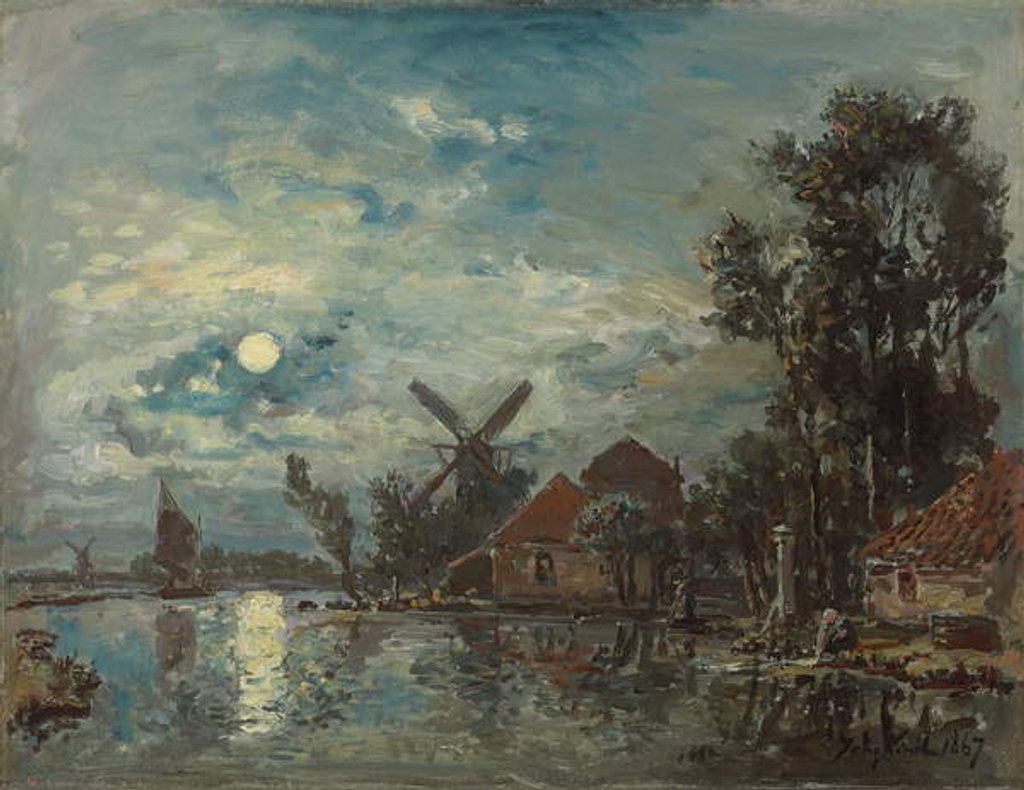 Detail of Moonlight on the Estuary, Holland; Effet de lune sur l'estuaire, Hollande, 1867 by Johan-Barthold Jongkind