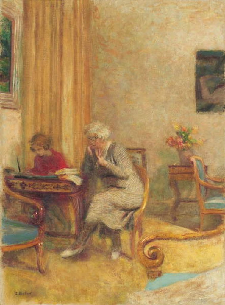 Detail of Madam Hessel and Lulu in the Small Lounge of the Clayes; Madame Hessel et Lulu dans le petit salon des Clayes, c.1934-1935 by Edouard Vuillard