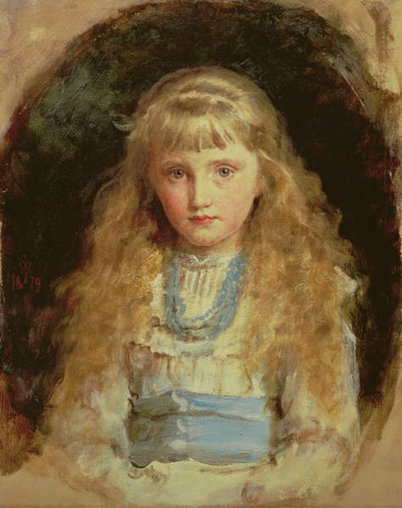 Detail of Portrait of Beatrice Caird wearing a white dress with a blue sash by John Everett Millais
