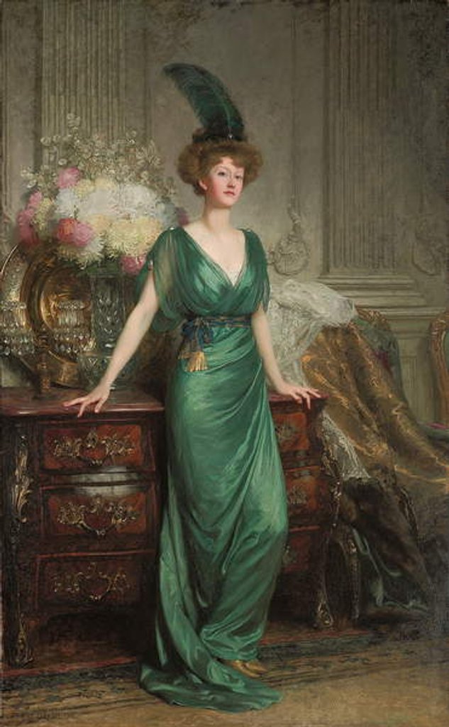 Detail of Portrait of the Hon. Mrs. Ernest Guinness, Standing, Wearing an Emerald Dress and Feather, 1912 by Frank Dicksee