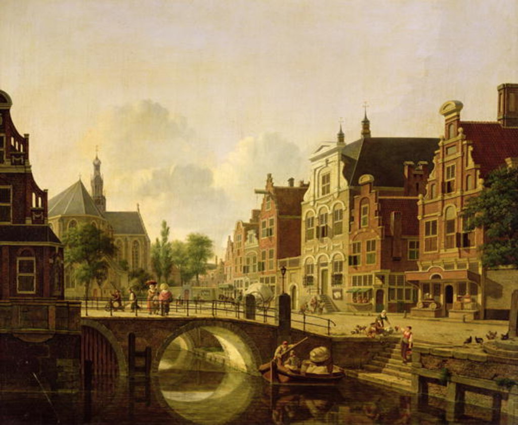 Detail of Dutch town scene with canal, figures and a church by Jan Hendrik Verheyen
