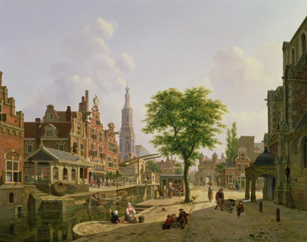 Detail of Dutch town scene with canal by Jan Hendrik Verheyen