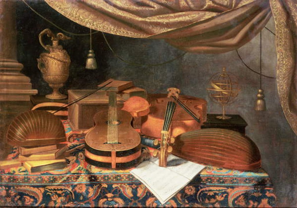Detail of A guitar, a cello, lutes, a musical score and other books and an armillary globe on a draped table by Evaristo Baschenis