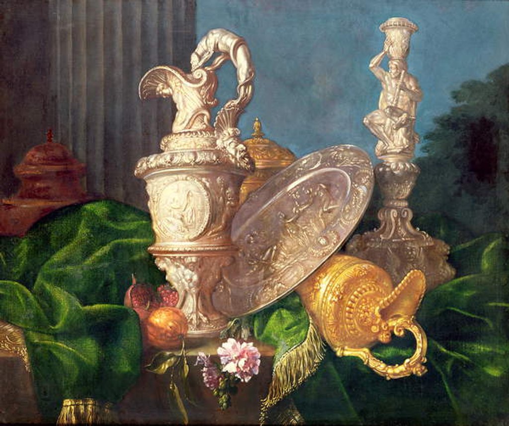 Detail of A Still Life of an Ornate Silver Ewer and a Silver Basin by Meiffren Conte