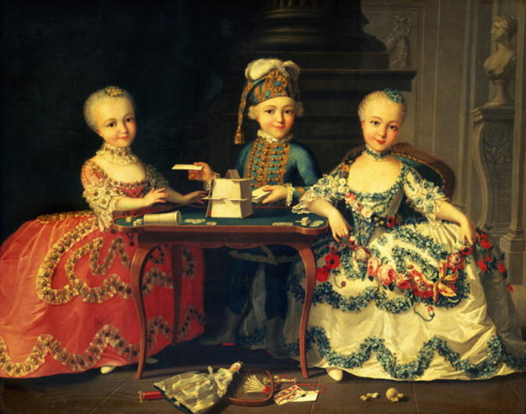 Detail of Group portrait of a boy and two girls building a house of cards with other games by the table by Francois-Hubert Drouais