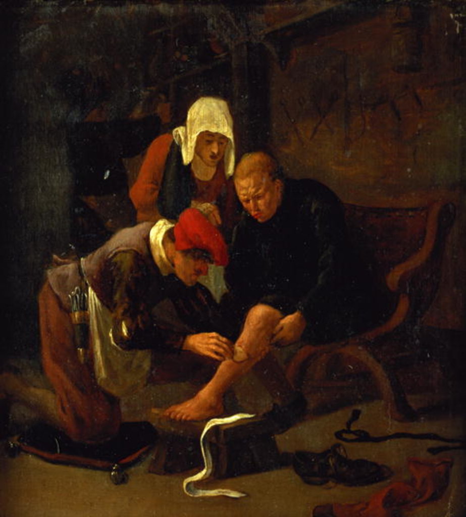 Detail of A village doctor tending a peasant's shin by Jan Havicksz Steen