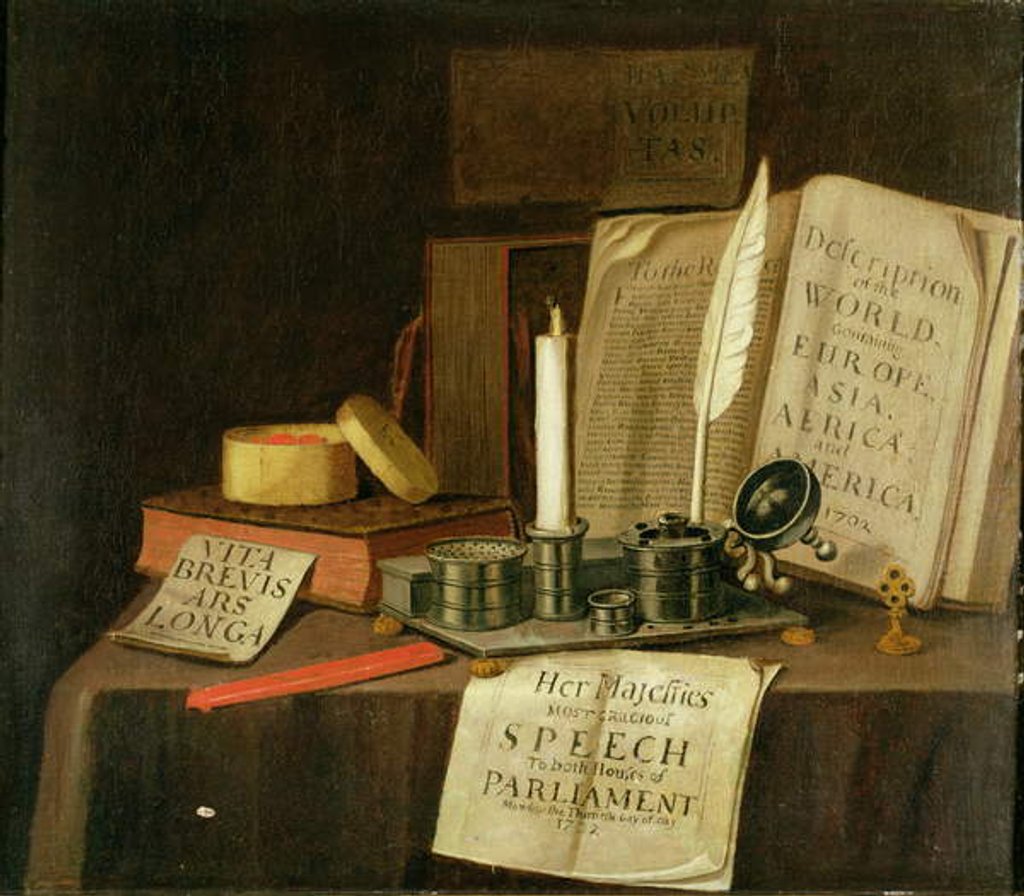 Detail of A Trompe L'Oeil With A Pewter Ink Stand, Books And Papers, 1702 by Edwaert Colyer or Collier