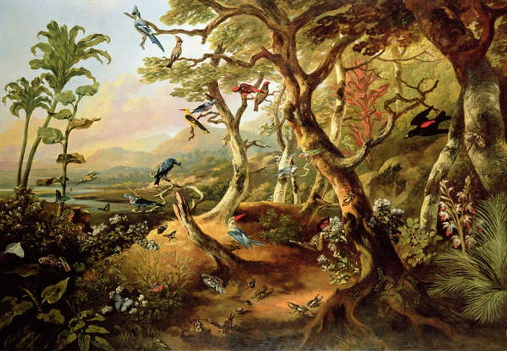 Detail of Exotic Birds and Insects Among Trees and Foliage in a Mountainous River Landscape by Philip Reinagle