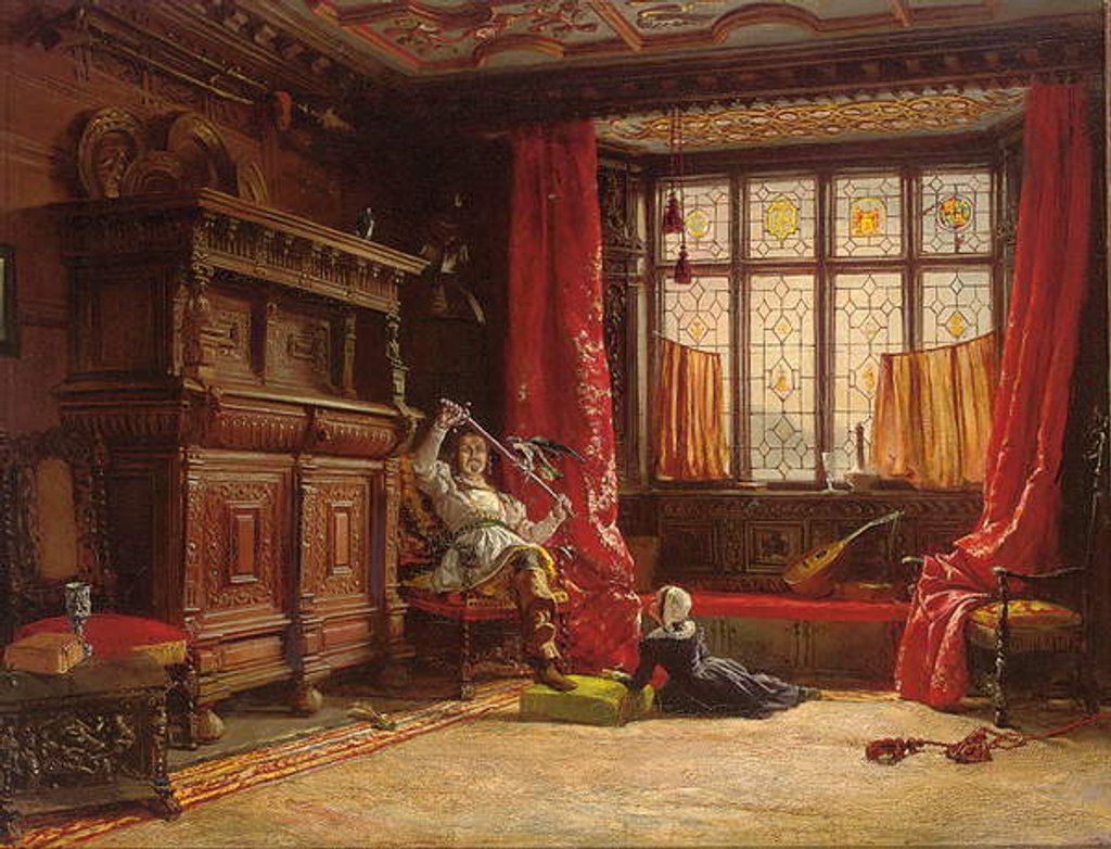 Detail of A cavalier in a darkened interior, a bird on his sword, 1843 by William Collingwood