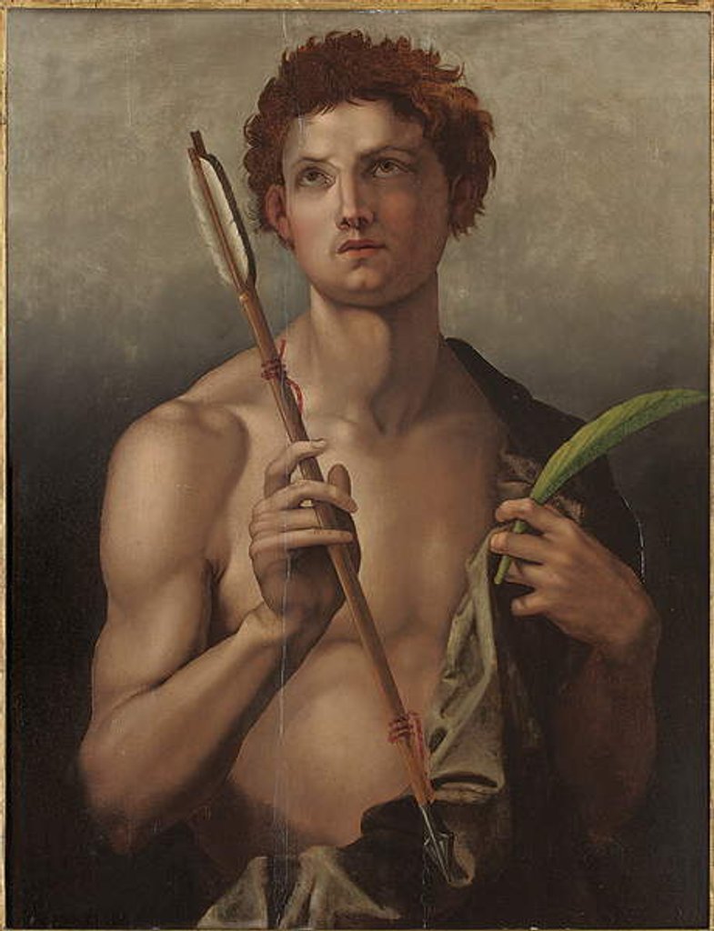 Detail of Saint Sebastian with an arrow in his right hand and the martyr's palm in his left by Andrea del Sarto