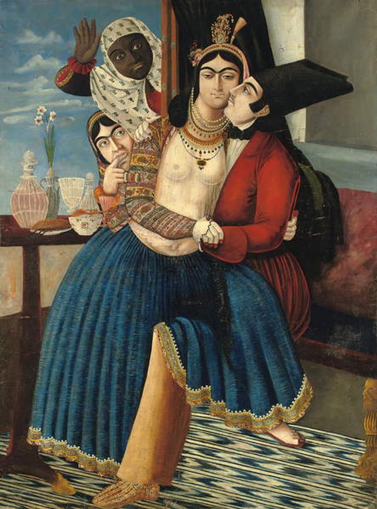 Detail of An amorous couple, late 19th century by Abu'l Hassan Ghaffari