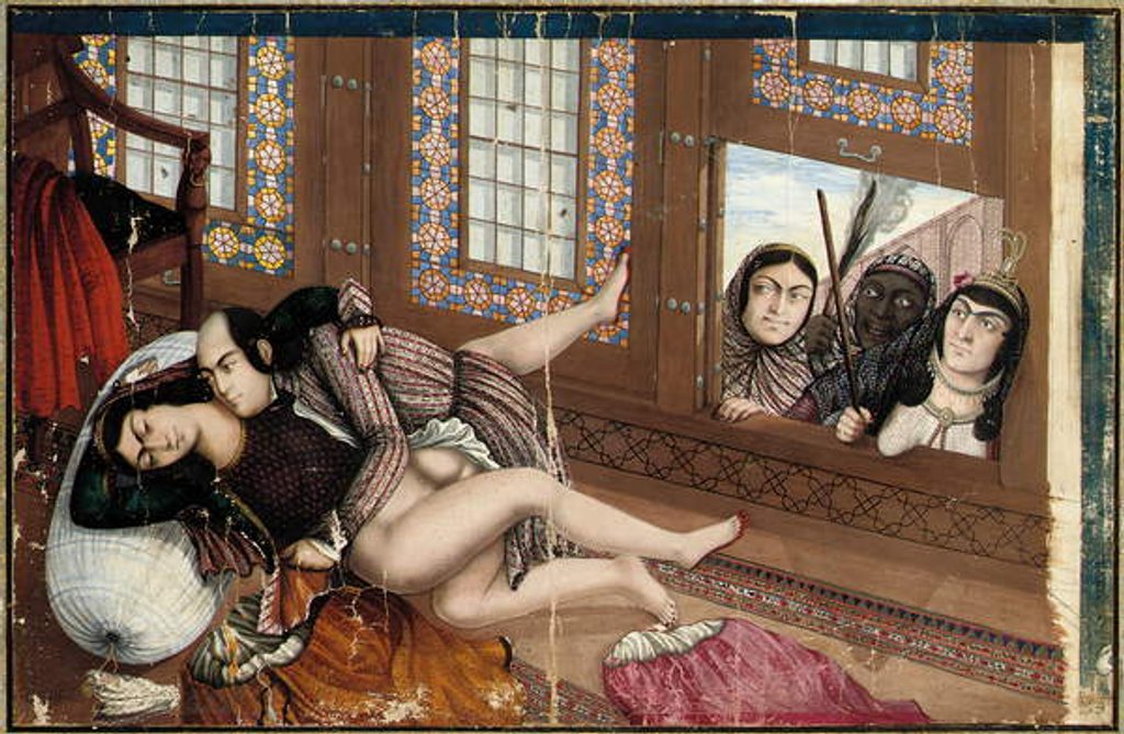 Detail of Embracing lovers, second half of the 19th century by Abu'l Hassan (school of) Ghaffari