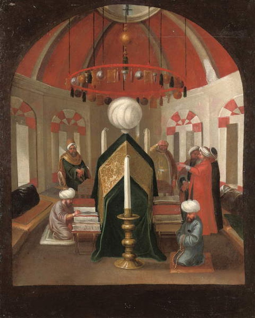 Detail of A Turkish mausoleum with figures at the tomb of a sultan by Jean Baptiste Vanmour