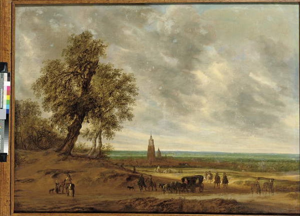 Detail of A panoramic landscape with travellers on a path, the city of Amersfoort beyond, 1634 by Salomon van Ruisdael or Ruysdael