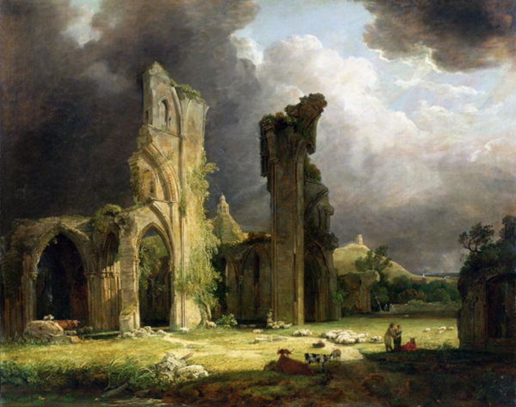 Detail of Glastonbury Abbey with the Tor beyond by George Arnald