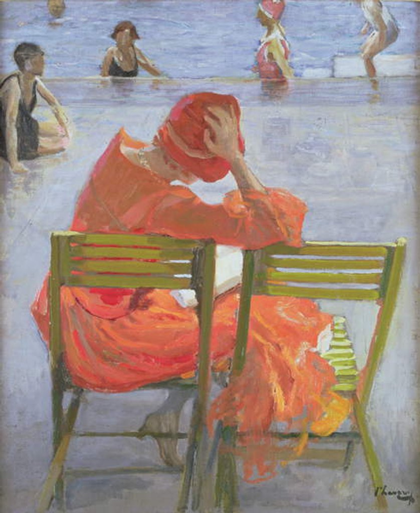 Detail of Girl in a red dress reading by a swimming pool, 1936 by John Lavery