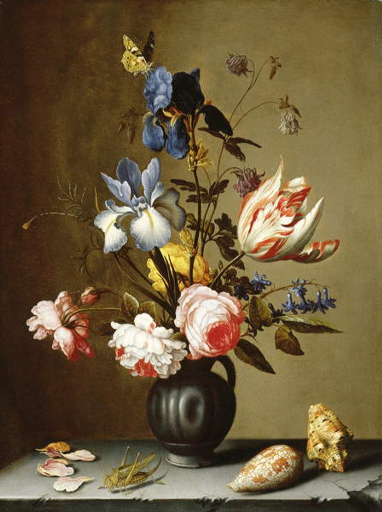 Detail of Irises, roses, columbine, hyacinth and a tulip in a black pottery pitcher, with seashells and a grasshopper on a stone ledge by Balthasar van der Ast