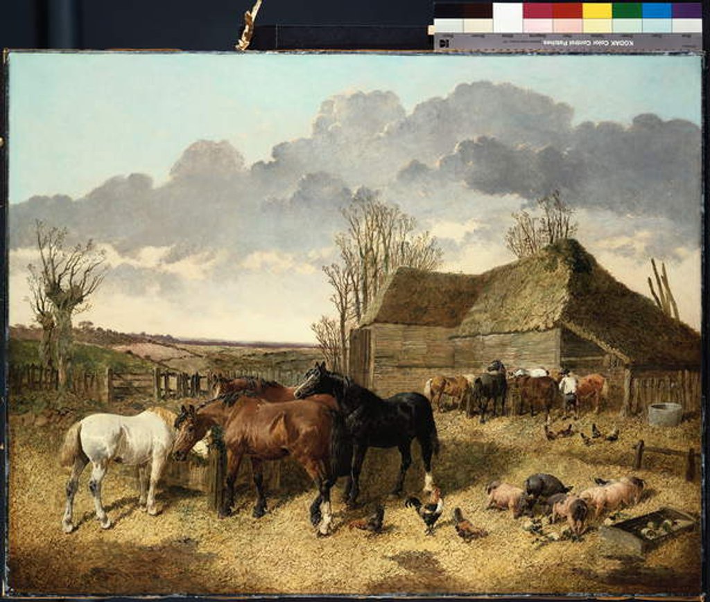 Detail of Horses eating from a manger, with pigs and chickens in a farmyard by John Frederick Jr. Herring