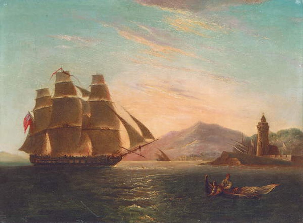 Detail of The Frigate HMS Pearl, 32 guns, entering the Faro, Messina by English School