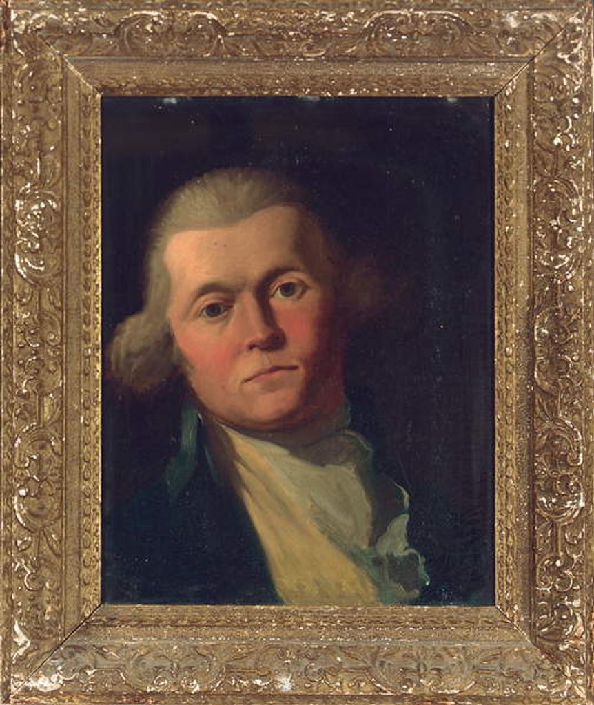 Detail of Portrait of a gentleman, bust-length, in a blue coat and yellow waistcoat by Joshua Reynolds