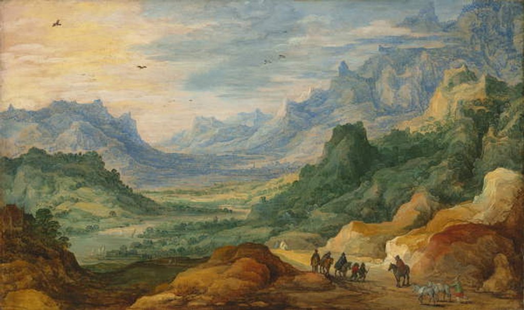 Detail of A mountainous landscape with travellers and herdsmen on a path by Jan & Momper Joos de Brueghel