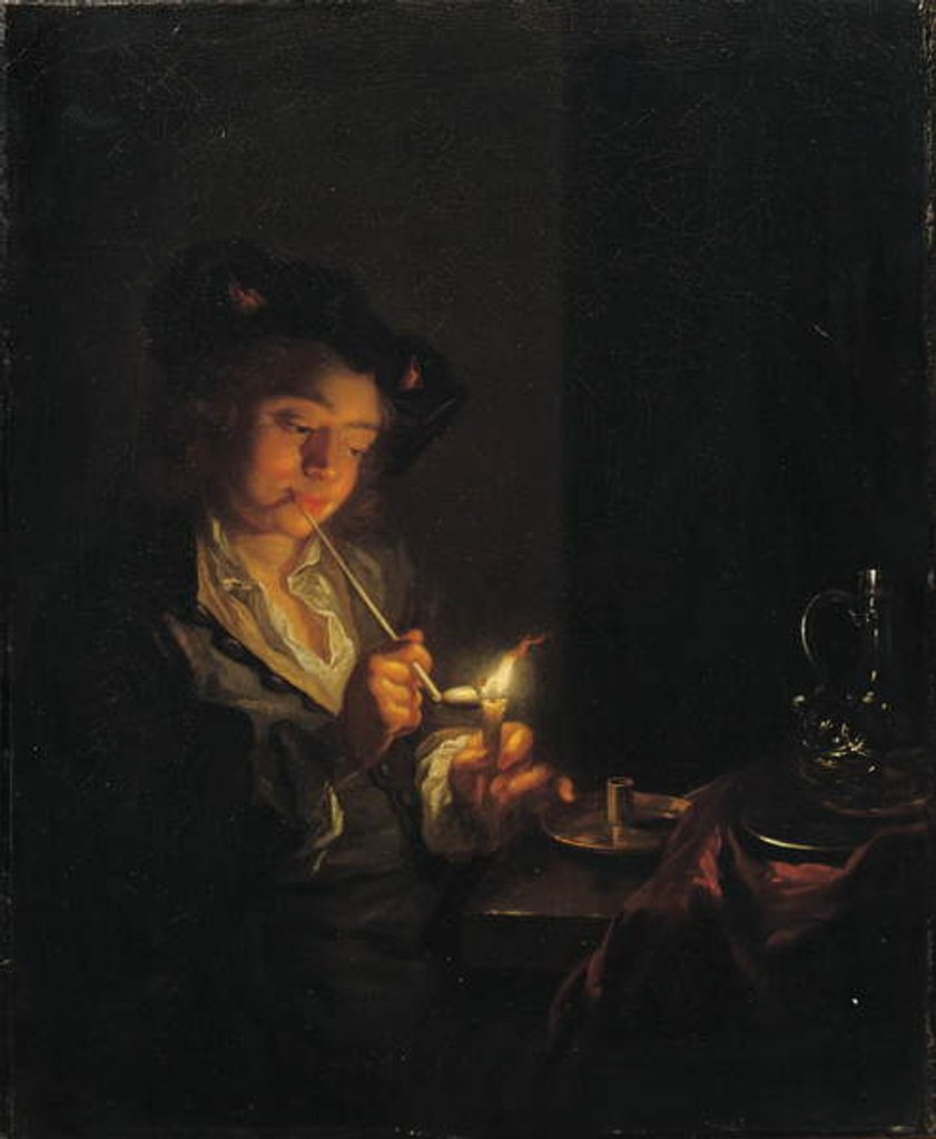 Detail of A candlelit interior with a young man seated at a table, lighting his pipe by Arnold Boonen