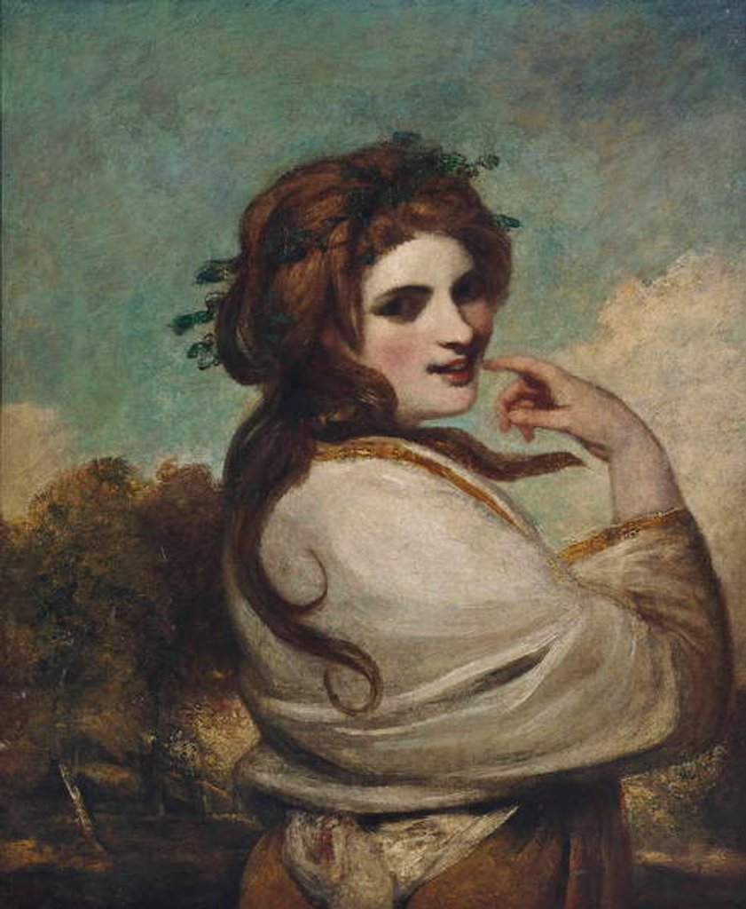 Detail of Portrait of Emma, Lady Hamilton, as a Bacchante, half-length, in a yellow dress and white shawl, in a landscape by Joshua Reynolds