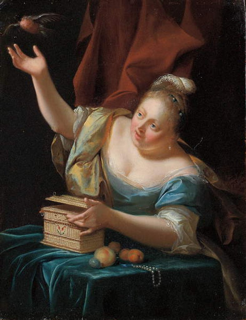 Detail of A woman, seated by a table in fancy costume, freeing a songbird from its cage by Godfried Schalken or Schalcken