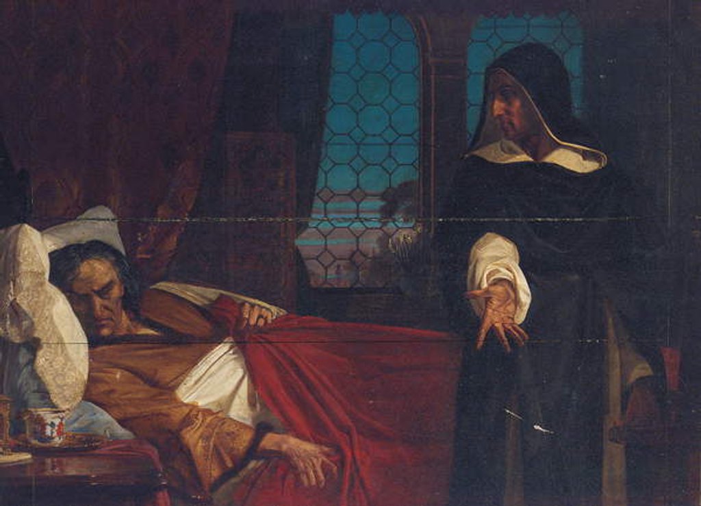 Detail of A cloaked figure before the bed of an anguished man by Edward Armitage